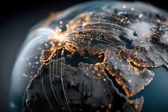 Global digital network visualization with glowing lines and data points across a stylized globe