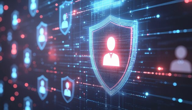 Digital Fortress: The image evokes the intricate world of cyber security, with a digital shield at its core, protecting user profiles amidst a dynamic network.