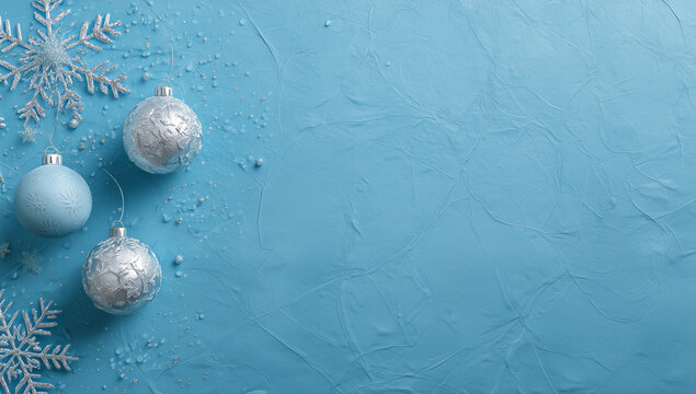 Silver and light blue Christmas ornaments with glitter snowflakes are arranged on a textured blue background.