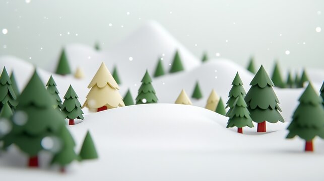 Snowy landscape with stylized trees and hills, creating a whimsical Christmas background scene
