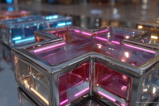 Abstract geometric cross formed by glass cubes with neon pink, purple and blue lights
