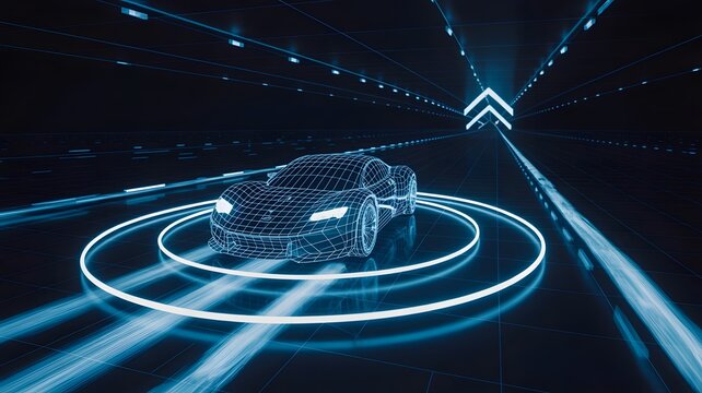 Futuristic car concept in virtual reality with neon light background