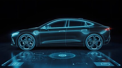 Futuristic electric car design with digital dashboard and neon highlights