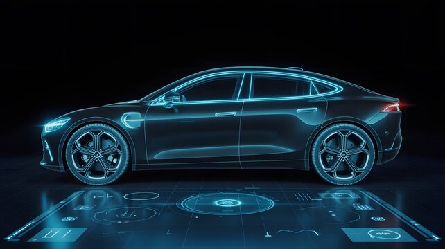 Futuristic electric car design with digital dashboard and neon highlights - Powered by Adobe