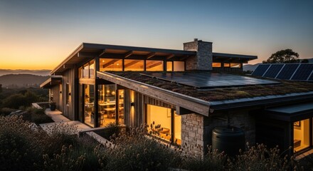 Modern architectural home with large windows at sunset.
