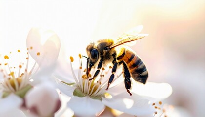A honeybee with striped abdomen and transparent wings is perched on a delicate white flower, its proboscis extended to gather nectar.
