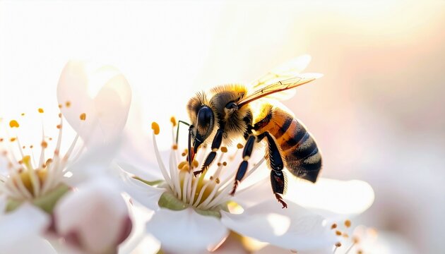 A honeybee with striped abdomen and transparent wings is perched on a delicate white flower, its proboscis extended to gather nectar.