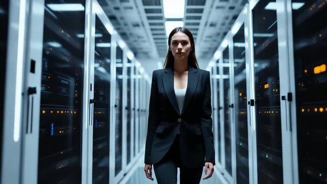 A businesswoman walks through a data center, showcasing her ambition - Powered by Adobe