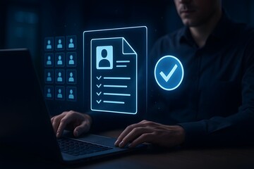Digital employee profile verification with checklist confirming hiring approval