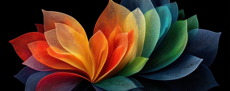 Colorful rainbow abstract flower of metallic petals against a dark background - Powered by Adobe