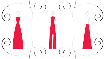 Elegant red stylized figures elegantly framed by flowing black calligraphic curves perfect for decorative borders and artistic design elements