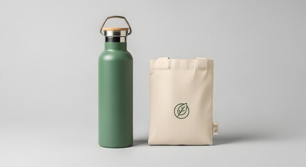 Eco-friendly reusable water bottle and cloth bag set on a plain background emphasizing sustainability and environmental consciousness