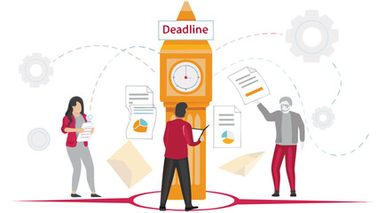 Diverse team of professionals collaborating on a project with a prominent clock tower in the background symbolizing time and deadlines