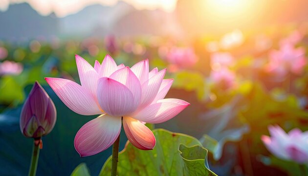 A vibrant pink lotus flower and a closed bud are in focus, surrounded by a blurred expanse of water lilies and illuminated by the warm glow of the rising sun. - Powered by Adobe