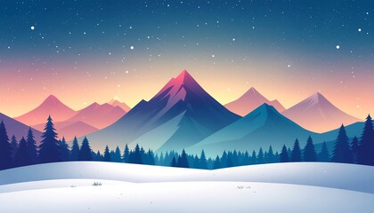 Magical winter landscape with snow-capped mountains and starry sky, perfect for holiday backgrounds and seasonal campaigns, a stunning and peaceful scene