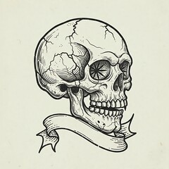 Memento Mori: An intricately drawn skull, a stark reminder of mortality, accompanied by a flowing banner. The detailed artwork evokes a sense of introspection and the ephemeral nature of existence.