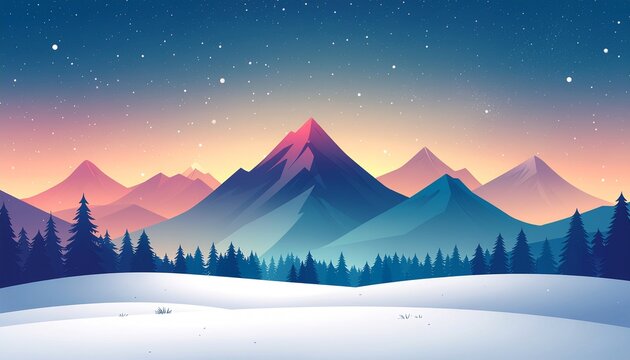 Magical winter landscape with snow-capped mountains and starry sky, perfect for holiday backgrounds and seasonal campaigns, a stunning and peaceful scene