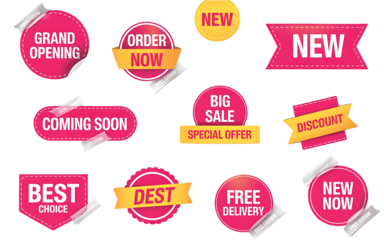Collection of pink and yellow sale and promotion stickers