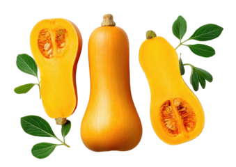 Butternut squash, whole and halved, with green leaves