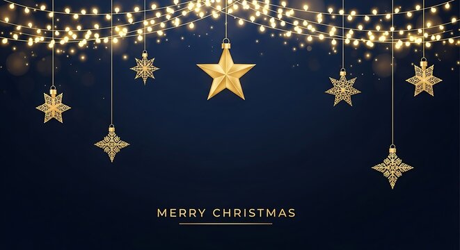 Festive golden christmas star ornaments and twinkling fairy lights hanging against a deep blue background with merry christmas text