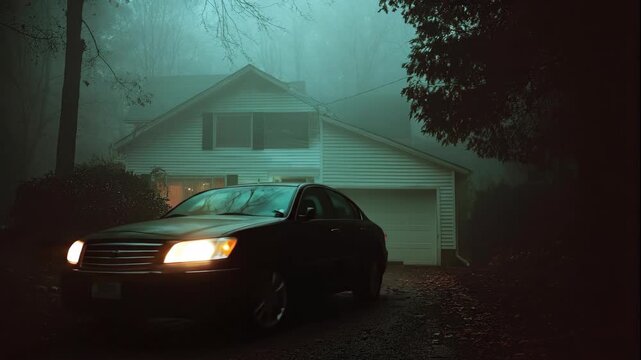 A shadowy car reversing from a misty suburban house at night, eerie Halloween horror scene concept footage