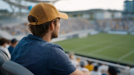Wide shot of the fan gazing at the empty field — a poetic, cinematic representation of devotion beyond victory and loss. cinematic color correction, natural uneven lighting yet gentle backlight,