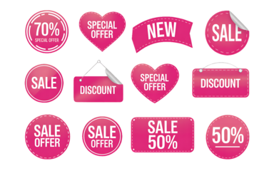 Pink sale discount and offer tags and labels percentage
