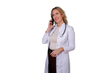 Female doctor talking on phone, telemedicine and online medical consultations, healthcare support, transparent background