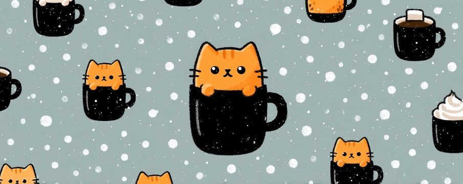 Cute orange cat in a coffee mug pattern with snow background for winter themed stock