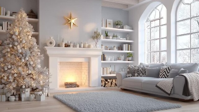 Sa&oacute;n de una casa lujosa y moderna en tonos blancos y grises claros con decoracion de navidad, estrella dorada, chimenea, estanterias y arbol  navide&ntilde;o, con ventanales con vistas a un bosque nevado