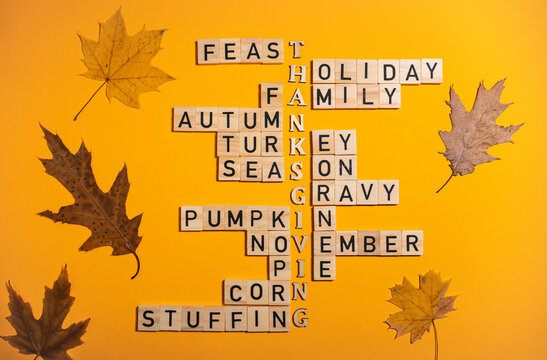 Thanksgiving crossword puzzle with wooden blocks