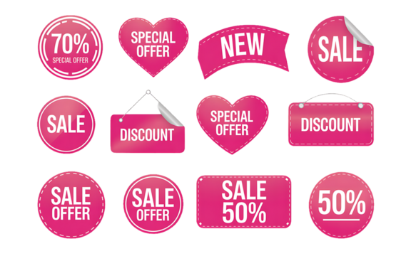 Pink sale discount and offer tags and labels percentage