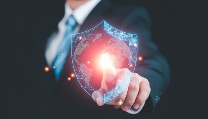 Digital Security and Global Protection: An individual in formal attire interacts with a glowing digital shield, representing global data security.
