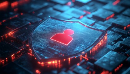 Digital Security: A glowing shield symbol, overlaid with a silhouette of a person, projects a robust image of data protection and privacy in a digital world.