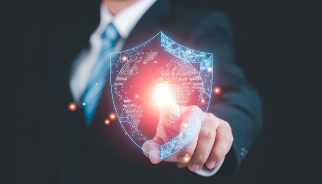Digital Security and Global Protection: An individual in formal attire interacts with a glowing digital shield, representing global data security.