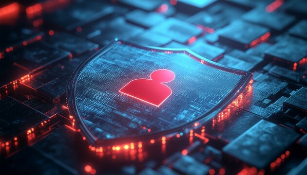Digital Security: A glowing shield symbol, overlaid with a silhouette of a person, projects a robust image of data protection and privacy in a digital world.