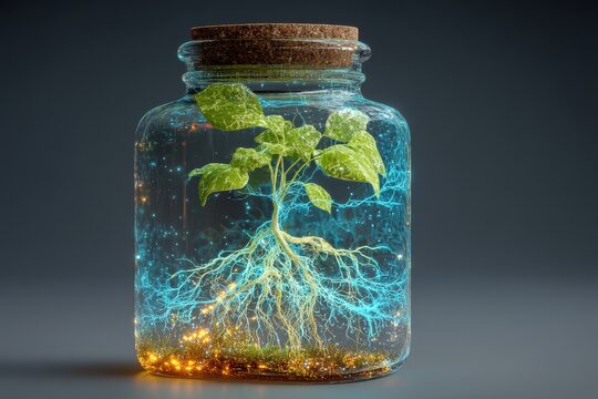 Digital art of a plant growing inside a glass bottle with visible roots and grid overlay - Powered by Adobe