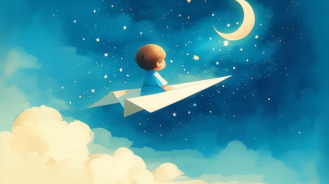 Paper airplane and child under the moonlight, musical symbols and starlight, children's fairy tale themed gatherings, party concerts, music festivals