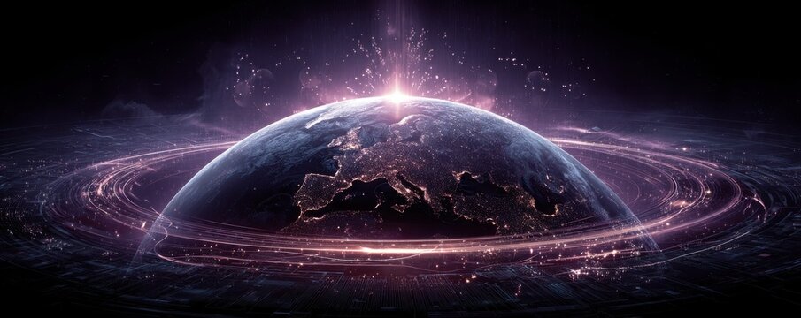 Global Earth surrounded by glowing neon rings in a futuristic space and technology scene