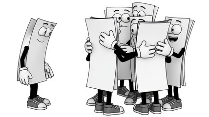 Isolated paper character observes a group of documents bonding
