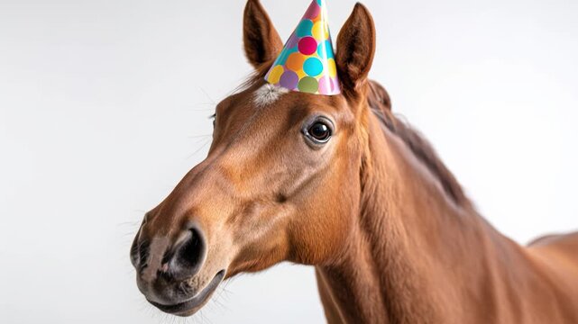 Funny brown horse wearing birthday party hat