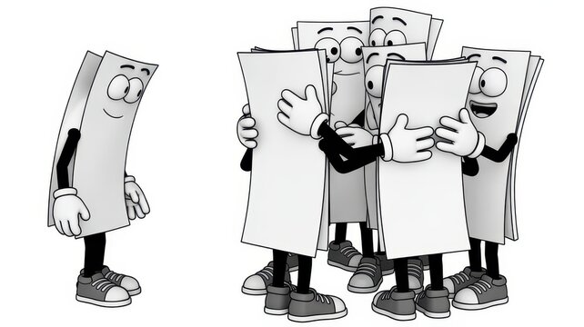 Isolated paper character observes a group of documents bonding