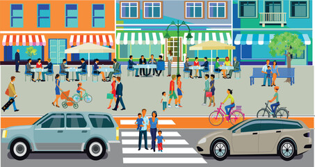 Stadt-Bewohner,  Menschengruppen in der Freizeit im Wohnviertel mit Gastronomie, Illustration Adobe Illustrator Artwork