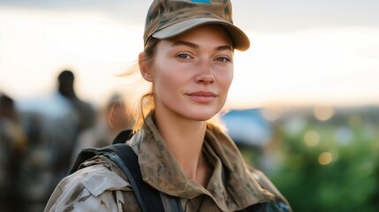 A servicewoman walking confidently beside international troops during a peacekeeping patrol, her uniform blending with a diverse multinational team — global cooperation, humanitarian mission