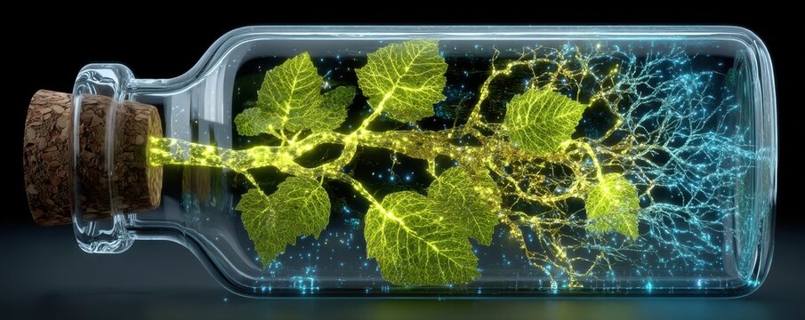 Digital illustration of an organic vine growing inside a glass jar with neon glow and roots - Powered by Adobe