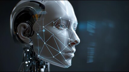 Futuristic robotic face with digital overlay and glowing geometric lines representing artificial intelligence and advanced technology - Powered by Adobe
