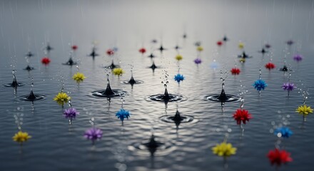 Colorful floating water droplets with vibrant flower-shaped splashes creating a lively and dynamic scene on a calm water surface during daytime
