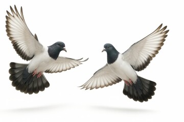 Obraz premium Two Lahore pigeons in mid air crossing flight wings spread and tails fanned on white background for bird action freedom and avian motion themes