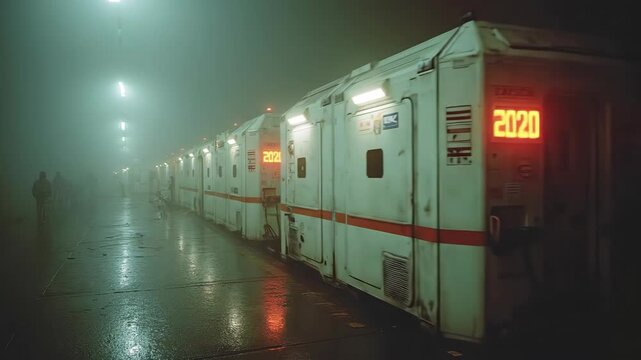 A sci-fi train with a 2020 digital display on a foggy, wet platform as people wait in the background. Futuristic transportation footage.