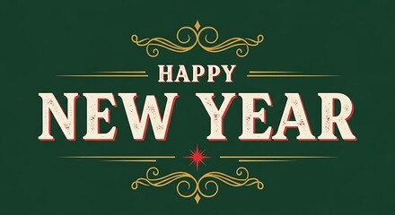 Elegant vintage style happy new year text design with ornate decorative elements and a dark green background for festive celebrations and greetings